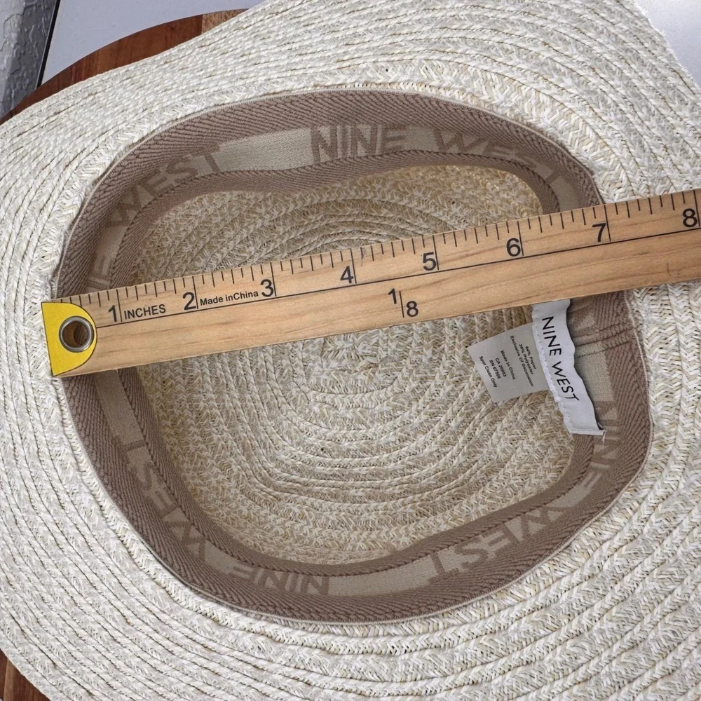 Nine West Womens Straw Sun Hat Cream Wide Brim Floppy Bow Accent RN 67508